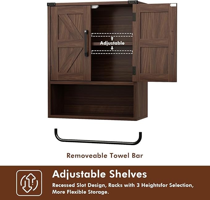 RUSTOWN Farmhouse Wall Storage Cabinet with Two Barn Door, Rustic Mounted Medicine Cabinet with Adjustable Shelf and Towel Bar, 3-Tier Wood Cabinet for Kitchen, Bathroom, Living Room (Dark Walnut)