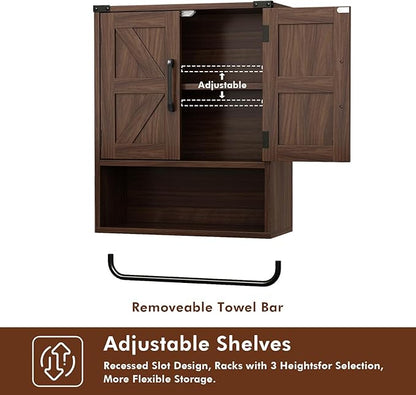 RUSTOWN Farmhouse Wall Storage Cabinet with Two Barn Door, Rustic Mounted Medicine Cabinet with Adjustable Shelf and Towel Bar, 3-Tier Wood Cabinet for Kitchen, Bathroom, Living Room (Dark Walnut)