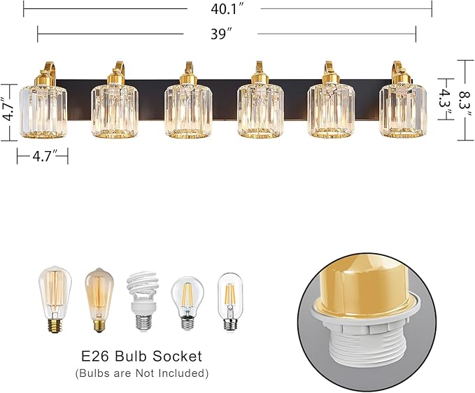 Modern Bathroom Vanity Light 6-Lights Black Gold Crystal Bathroom Wall Light Vanity Light Fixtures with Round Shade (Exclude Bulb)