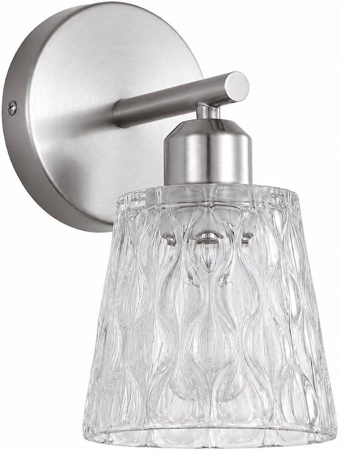 Brushed Nickel Bathroom Light Fixture, 1-Light Modern Vanity Wall Sconce with Textured Glass Shade, Stainless Steel Construction, E26 Socket (Bulb Not Included)