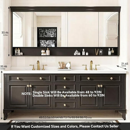 48-92IN Single/Double Sink Bathroom Vanity, Defogging Smart Mirror, Modern American Free Standing Vanity with Bathroom Cabinet