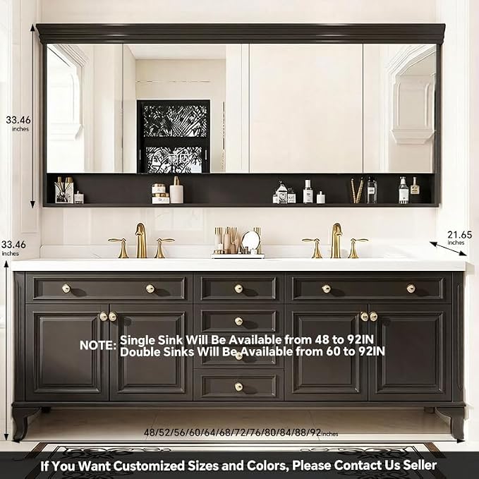 48-92IN Single/Double Sink Bathroom Vanity, Defogging Smart Mirror, Modern American Free Standing Vanity with Bathroom Cabinet
