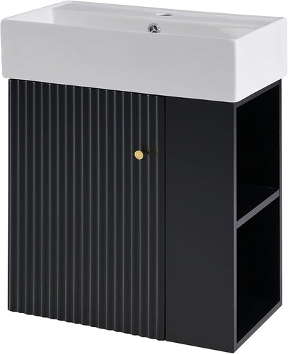 LUMISOL 21.6" Floating Bathroom Vanity with Sink, Wall Mounted Bathroom Vanity with Right Side Storage & Soft-Close Door, Small Bathroom Cabinet with Ceramic Sink, Black