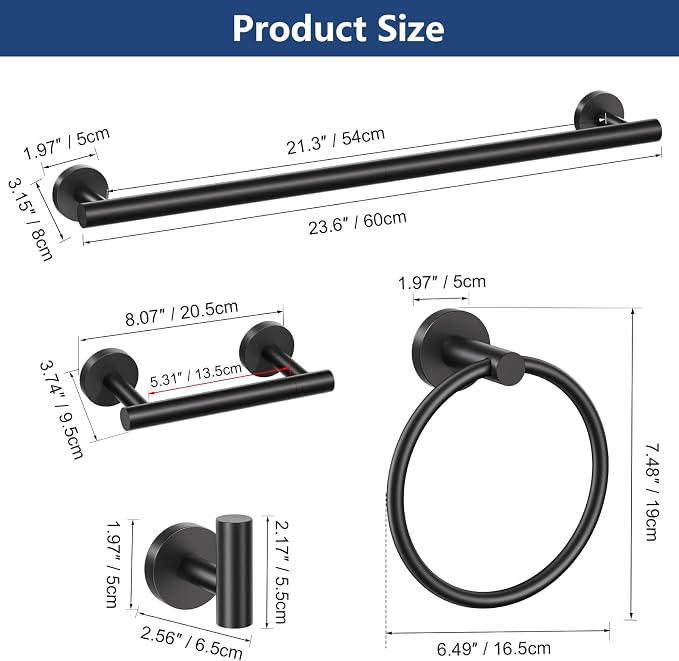 TQKAG 5 Piece Black Bathroom Accessories, 23.6" Bathroom Towel Bar Holder | 23.6" Bathroom Hardware Set, SUS304 Stainless Steel, Double Post Pivoting, Towel Hooks, Toilet Paper Holder Set Wall Mounted