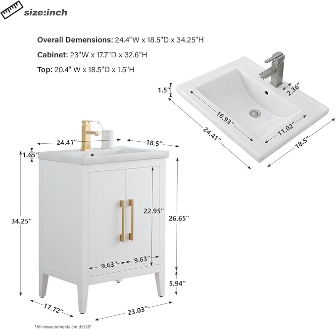 HomeBeyond 24 Inch Bathroom Vanity with Sink & Ceramic Top, Single Vanity Cabinet with Basin, Soft-Closing Doors & Matte Black Hardware, White