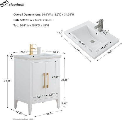 HomeBeyond 24 Inch Bathroom Vanity with Sink & Ceramic Top, Single Vanity Cabinet with Basin, Soft-Closing Doors & Matte Black Hardware, White