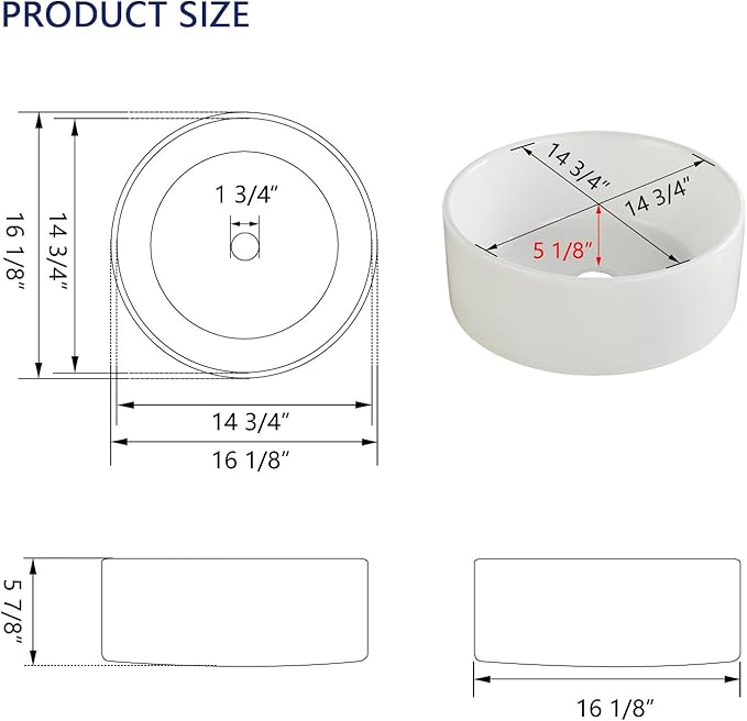DeerValley DV-1V063 Symmetry White Circular Bowl Bathroom Vessel Sink and Modern Above Counter Porcelain Ceramic Vessel Vanity Sink Art Basin 16"x16"- Round
