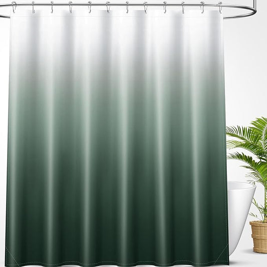 OLANLY Luxury Blackish Green and White Ombre Shower Curtain Sets with 12 Hooks, Waterproof and Washable Decorative Shower Curtains for Bathroom, 72x72 Inches