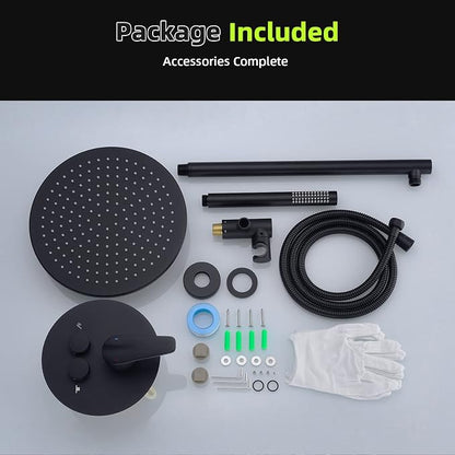 TRUSTMI 10" Push Button Rain Shower, Pressure Balanced Valve, Matte Black | Solid brass wall mount kit with handheld sprayer. cUPC anti-scald valve protects the whole family