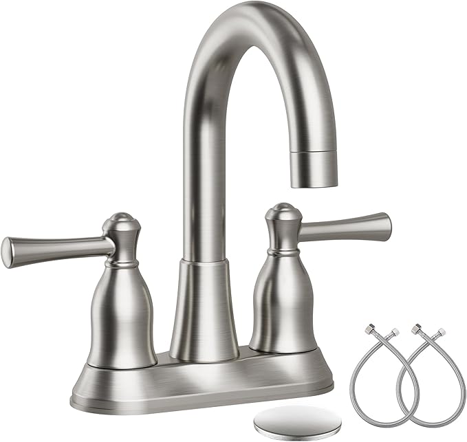 VXV Bathroom Sink Faucet 4 Inch 2 Handle Vintage Antique Lavatory Vanity Mixer Tap 360 Rotating with Pop-up Drain and Water Hoses Brushed Nickel