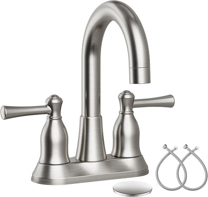 VXV Bathroom Sink Faucet 4 Inch 2 Handle Vintage Antique Lavatory Vanity Mixer Tap 360 Rotating with Pop-up Drain and Water Hoses Brushed Nickel
