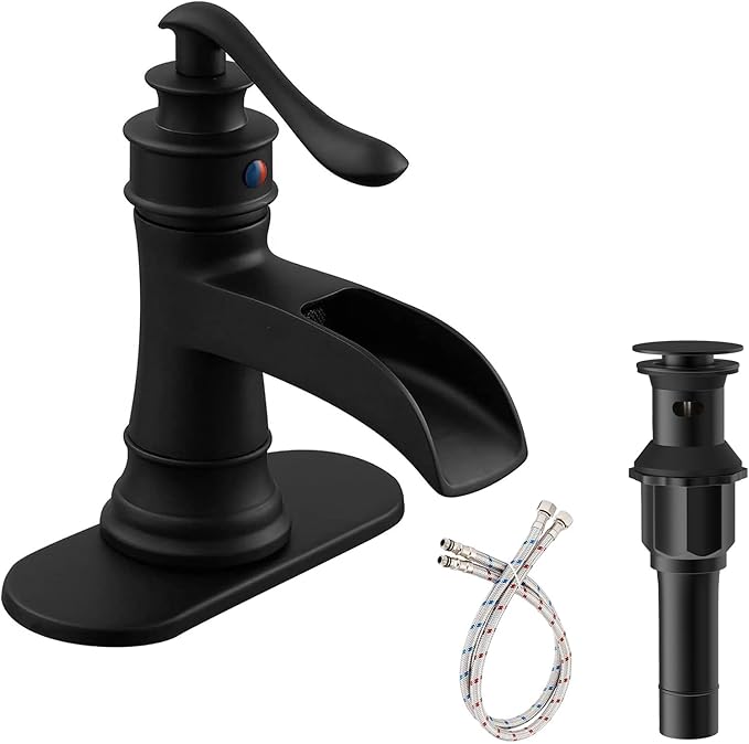 Waterfall Bathroom Sink Faucet Black Bathroom Faucet 1 Hole | Single Handle,with Pop Up Drain Stopper Vanity Water Supply Hose,Lead-Free Solid Brass,Farmhouse Faucet Deck Mount