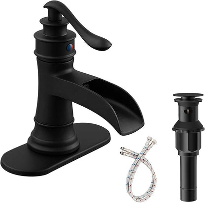 Waterfall Bathroom Sink Faucet Black Bathroom Faucet 1 Hole | Single Handle,with Pop Up Drain Stopper Vanity Water Supply Hose,Lead-Free Solid Brass,Farmhouse Faucet Deck Mount