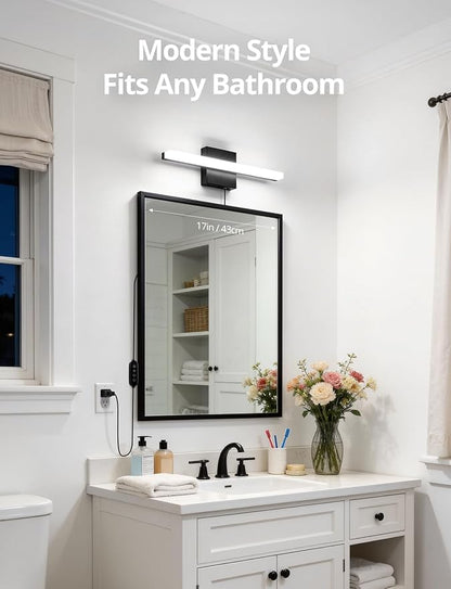 Combuh Black Plug in Vanity Light Bar Corded for Bathroom Lighting Fixture No Wiring, 16Inch 5 Colors Adjustable Dimmable Modern Bright Daylight Mirror Lamp for Wall Dressing Room Makeup(with Plug)