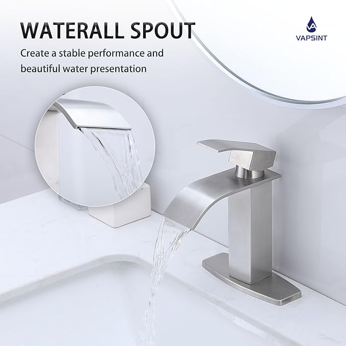 VAPSINT Brushed Nickel Waterfall Bathroom Faucet, Modern Single Handle Bathroom Sink Faucet for 1 or 3 Hole, Stainless Steel Deck Mount Vanity Washbasin Faucets with Deck Plate and Pop-up Drain