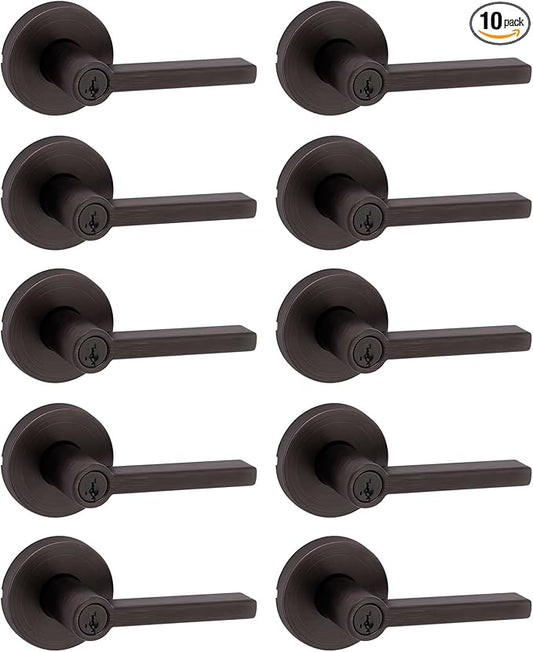 Kwikset Halifax Entry Door Handle with Lock and Key, Secure Keyed Reversible Lever Exterior, for Front Entrance and Bedrooms, Venetian Bronze, 10 Pack, Pick Resistant SmartKey Rekey Security