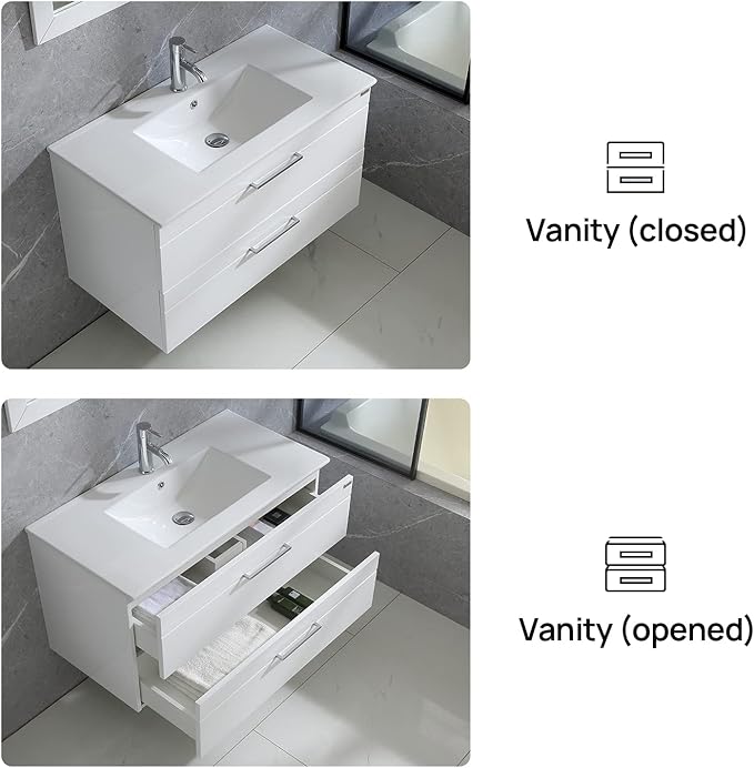 wonline 36" Wall Mounted Bathroom Vanity Set Two Drawers Storage Cabinet with Ceramic Vessel Sink Combo Chrome Faucet White