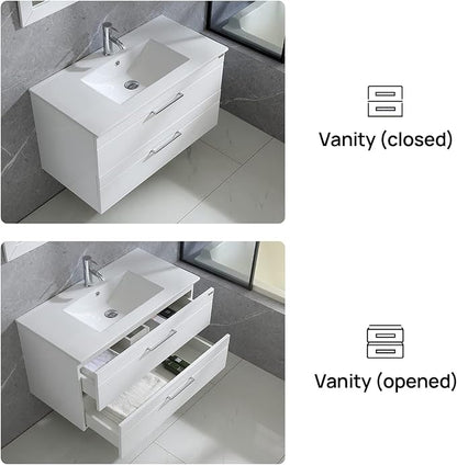 wonline 36" Wall Mounted Bathroom Vanity Set Two Drawers Storage Cabinet with Ceramic Vessel Sink Combo Chrome Faucet White