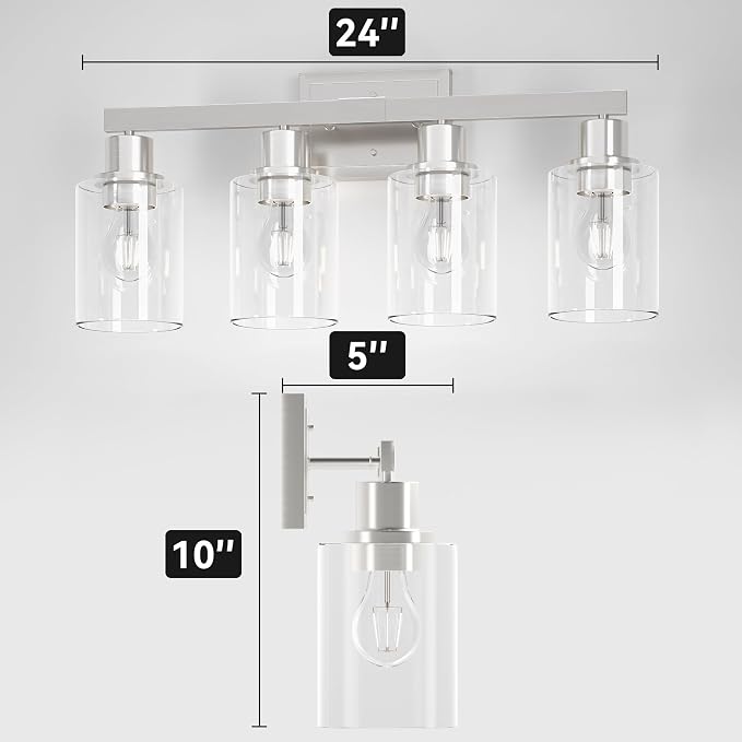 Hasipu 4-Light Bathroom Light Fixtures, Vanity Light with Clear Glass Shade, Bathroom Lighting Fixtures Over Mirror for Kitchen Living Room Hallway Cabinet Porch