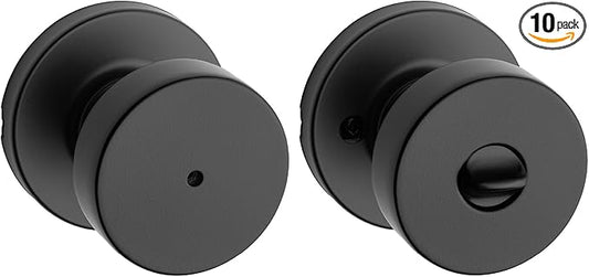 Kwikset Pismo Interior Privacy Door Knob with Lock,Door Handle for Bathroom and Bedroom,Matte Black Keyless Turn Lock Doorknob,with Microban Protection,(Pack of 10)