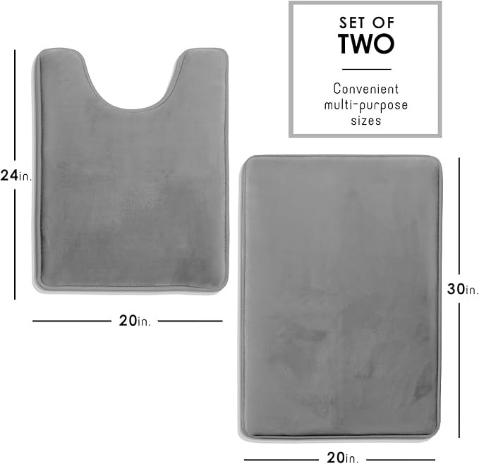 Clara Clark 2 Piece Bathroom Rugs, Velvet Memory Foam Bath Mat Set, Non-Slip Bath Rugs, Machine Wash, Dries Quickly, Ultra Soft Plush Bath Mats for Bathroom, 20 x 32 + Contour, Grey