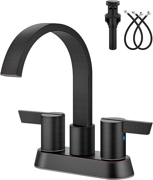 Aolemi Bathroom Faucets for Sink 3 Hole,4 Inch Centerset Waterfall Faucet 2 Handle for Bathroom Sink with Pop-Up Drain and Supply Lines Oil Rubbed Bronze