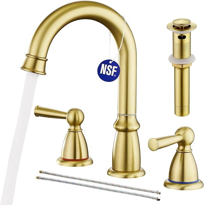CREA Widespread Bathroom Faucet 3 Hole Brushed Gold Sink Faucet 8 inch with Pop Up Drain 2 Handle 4 inch Faucets for Vanity Lavatory Basin Restroom Bath Sink