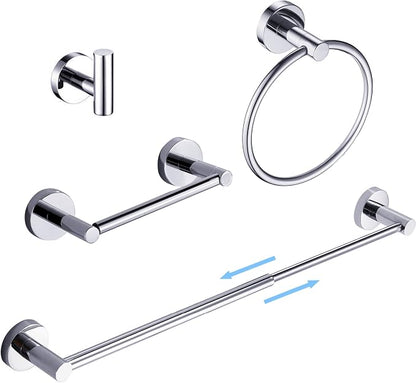 Chrome Bathroom Accessories, Polished Silver Bathroom Hardware Set Includes Double Post Toilet Paper Holder 15 to 24 Inch Towel Bar Towel Ring Robe Hook 4 Pieces Hand Towel Holder Wall Mount