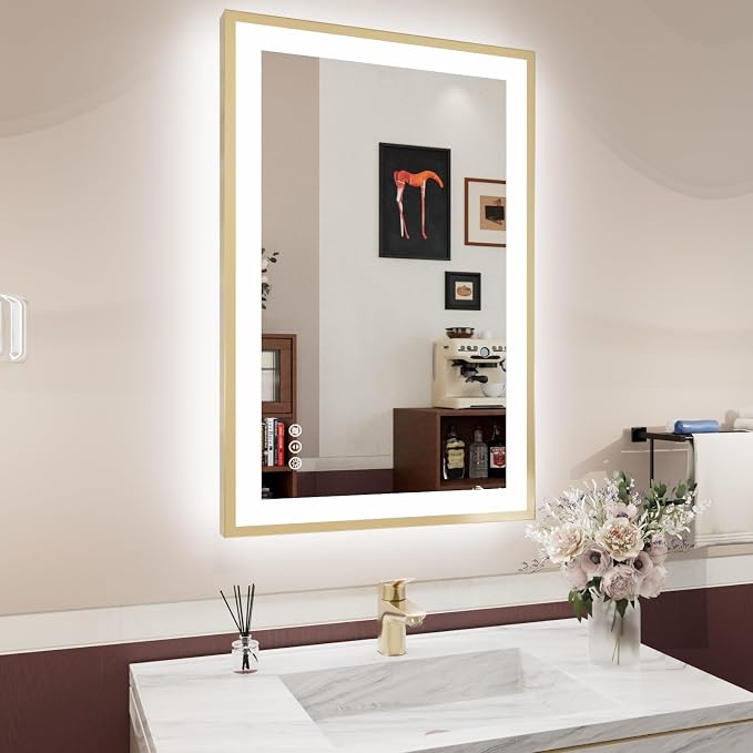 24x36 Inch LED Bathroom Mirror Gold Frame | Gold Metal Frame, Front and Backlit, 3 Colors, Dimmable, Memory, Anti Fog, Tempered Glass, Lighted Mirror for Wall