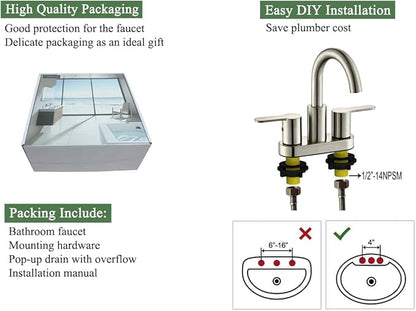 2 Handle Centerset Bathroom Sink Faucet Brushed Nickel with Drain Assembly, High Arc Modern 4 Inch Bathroom Vanity Lavatory Faucet 3 Holes with Brass 360° Swivel Spout, TAF067E-BN