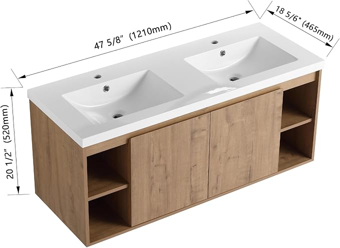 Floating Bathroom Vanity, 48" Bathroom Storage Cabinet with Double Resin Sinks, 2 Soft-Close Doors & 4 Open Storage Shelves, Modern Wall-Mounted Vanity with 45° Bevel Handles, Oak