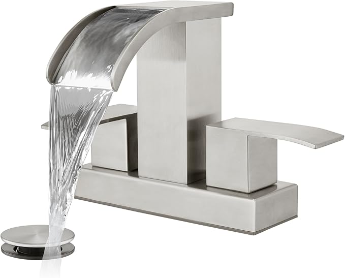 gotonovo Waterfall 4 Inch Centerset Bathroom Sink Faucet 2 Handle Basin Faucets 2 or 3 Hole Deck Mount with Pop Up Drain Included Lavatory Modern Mixer Tap Vanity Faucet Brushed Nickel