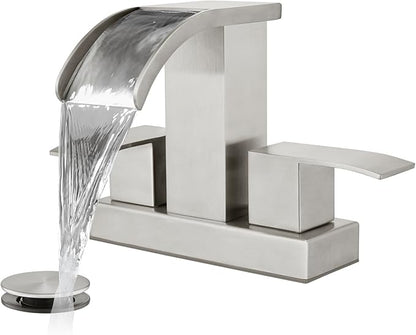 gotonovo Waterfall 4 Inch Centerset Bathroom Sink Faucet 2 Handle Basin Faucets 2 or 3 Hole Deck Mount with Pop Up Drain Included Lavatory Modern Mixer Tap Vanity Faucet Brushed Nickel