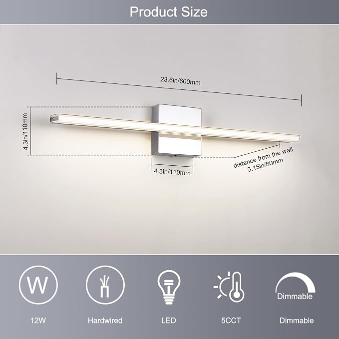 Chrome Vanity Lights for Bathroom 5CCT Dimmable Bathroom Lighting Fixtures Over Mirror Adjustable Lighting Angle Wall Light Fixtures 23.6 inch Long 18W LED Bar Light