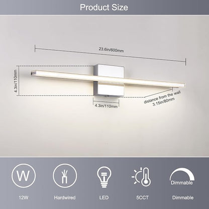 Chrome Vanity Lights for Bathroom 5CCT Dimmable Bathroom Lighting Fixtures Over Mirror Adjustable Lighting Angle Wall Light Fixtures 23.6 inch Long 18W LED Bar Light