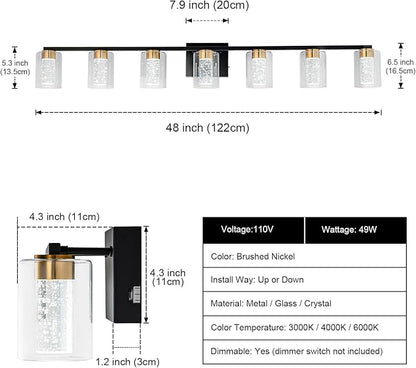 SineRise 7-Light Black and Gold Vanity Light with 3 Color Modes (3000K/4000K/6000K), Eye Protection LED Bathroom Light Fixture, Dimmable Modern Wall Light Over Mirror with Clear Glass Shade