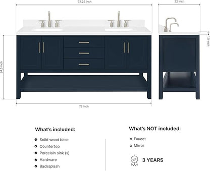DKB Olivia 72" Midnight Blue Double Bathroom Vanity with Rectangular Undermount Sinks, 1.5" Carrara Quartz Countertop, 4 Soft-Closing Doors, 3 Dovetail Drawers, Open Shelf