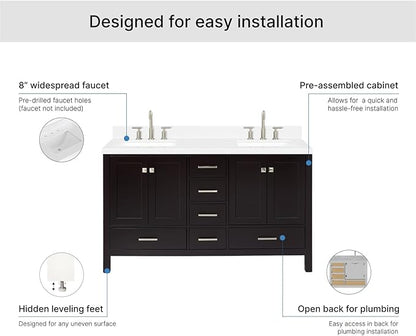 ARIEL Cambridge 60-inch Bathroom Vanity with Sink,Solid Wood, 1.5-inch Carrara White Quartz Countertop, Double Rectangular Porcelain Sink, 4 Soft Closing Doors, 6 Dovetail Drawers, Espresso