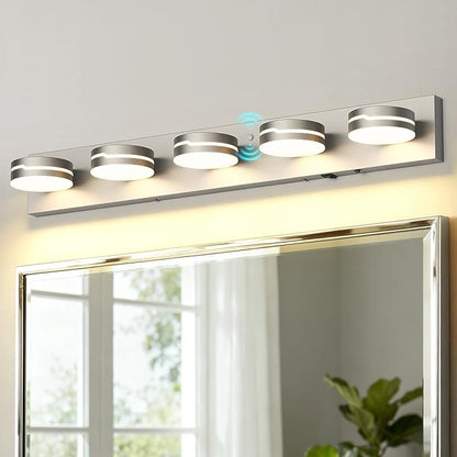 Vanity Lights for Bathroom, Motion Sensor 3 CCT Dimmable Brushed Nickel Bathroom Light Fixtures Over Mirror, 32.28in 30W 5-Light LED Modern Wall Sconce Makeup Lighting, 350° Rotatable, Hardwired