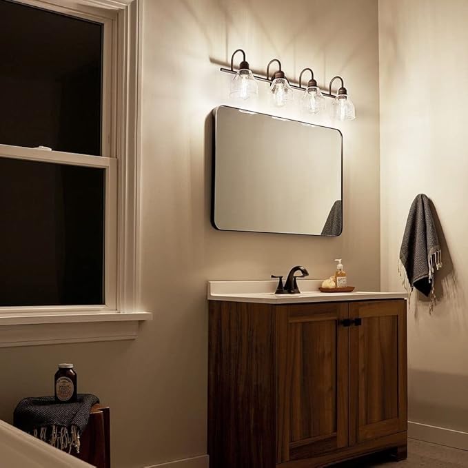 Kichler Avery 33.5" Bathroom Vanity Industrial 4 Light Wall Fixture with Clear Seeded Glass in Black, for Bathroom (8.25" x 33.5" x 9.5") 45974BK