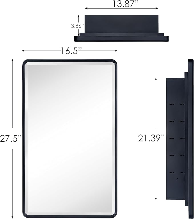 TEHOME Farmhouse Black Metal Framed Recessed Bathroom Medicine Cabinets with Mirror Rounded Rectangle Medicine Cabinet with BeveledMirros,16.5x27.5''