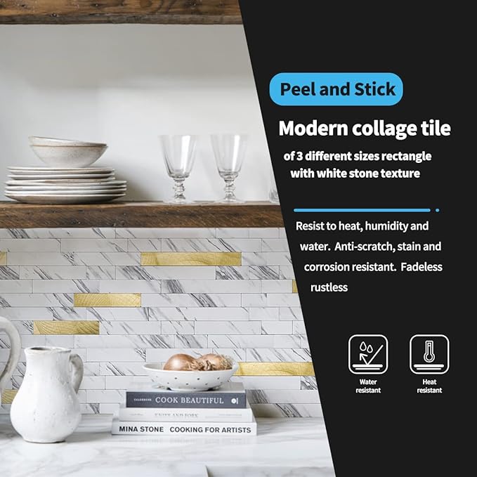 Art3d Faux Stone Peel & Stick Backsplash Tile, 10pcs, Gold Stud White Slate | PVC, Multi-Style Decor Sheets, Waterproof, Traceless Peel, No Wall Damage, Ideal for Kitchen