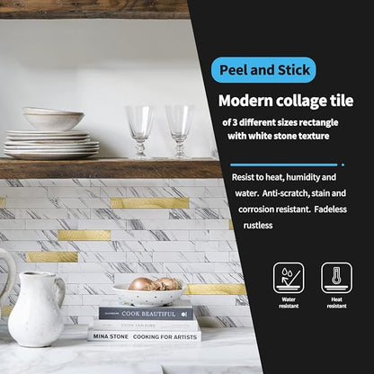 Art3d Faux Stone Peel & Stick Backsplash Tile, 10pcs, Gold Stud White Slate | PVC, Multi-Style Decor Sheets, Waterproof, Traceless Peel, No Wall Damage, Ideal for Kitchen