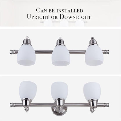 Globe Electric 51229 Jayden 5-Piece All-in-One Bathroom Set, Satin Nickel, 3-Light Vanity Light with White Opal Glass Shades, Towel Bar, Toilet Paper Holder, Towel Ring, Robe Hook