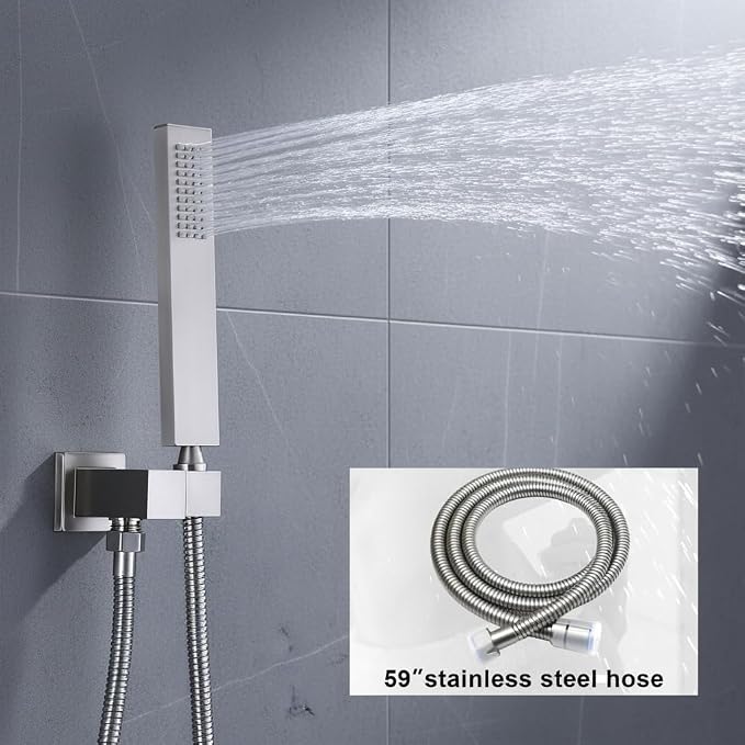 Shower System Brushed Nickel Shower Faucet Set with 2 Rain Shower Head(12+8 inch), Handheld Spray, with Temperature Display Function
