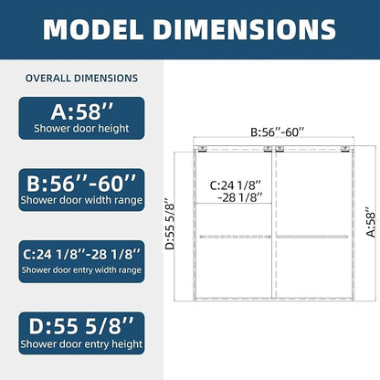 ACE DECOR Double Sliding Bathtub Shower Door 56-60" W x 58" H,Chrome Finish | Tub Shower Doors for Walk-in Shower,6mm Clear SGCC Tempered Glass,Bypass Shower Enclosure Easy-Clean Nano Coating&Waterproof