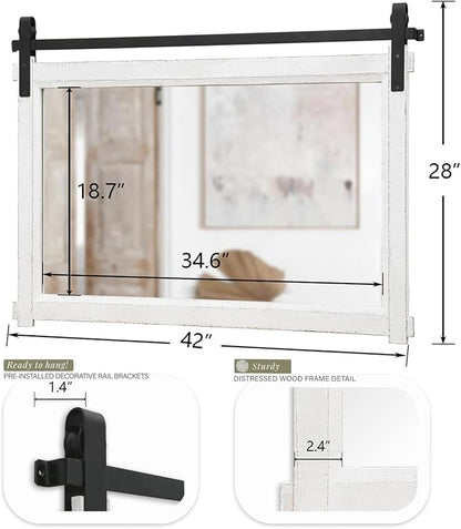Besdomus Large Bathroom Farmhouse Mirror: 42"x28" White Barn Door Farmhouse Solid Cedar Wood Frame - Rustic Wall Mounted Mirror for Entryway/Living Room/Bathroom Redo - Home Decor for Housewife