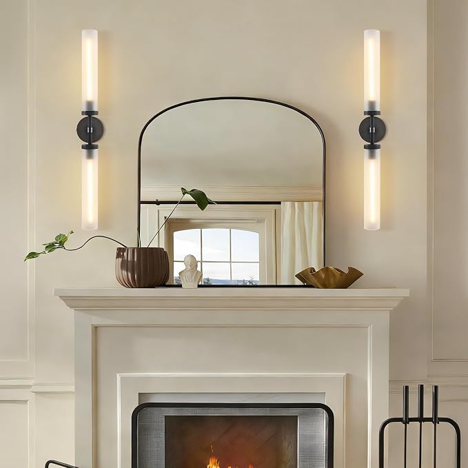 30" 2 Lights Hardwired Frosted Glass Bathroom Wall Sconces, Handmade Knurled Black Wall Light Fixture,Modern Vanity Light for Living Room,Hallway, Bedroom, Indoor Wall Lamp, Bulb Included