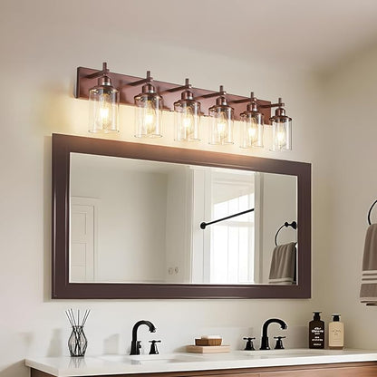 6-Light Bronze Bathroom Light Fixtures Over Mirror,Modern Bathroom Vanity Light with Clear Glass Shade, Wall Sconce for Bathroom Hallway Cabinet Bedroom Kitchen Living Room Foyer E26 Base