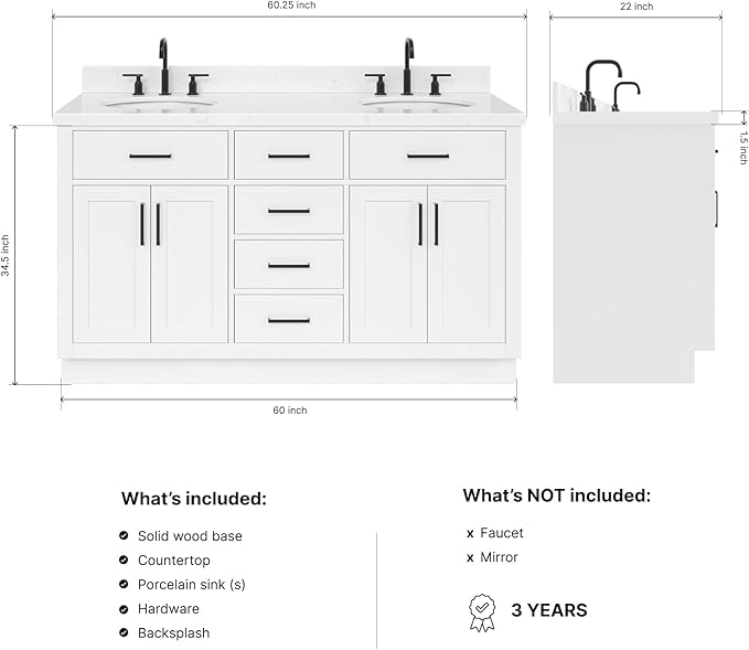 ARIEL Hepburn 60-inch Bathroom Vanity with Sink,Solid Wood, 1.5-inch Carrara White Quartz Countertop & Backsplash, Double Oval Porcelain Sink, 4 Soft Closing Doors, 6 Dovetail Drawers, White